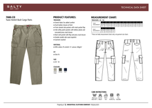 Technical data sheet for Salty brand cargo pants with product features, measurement chart, and care instructions.